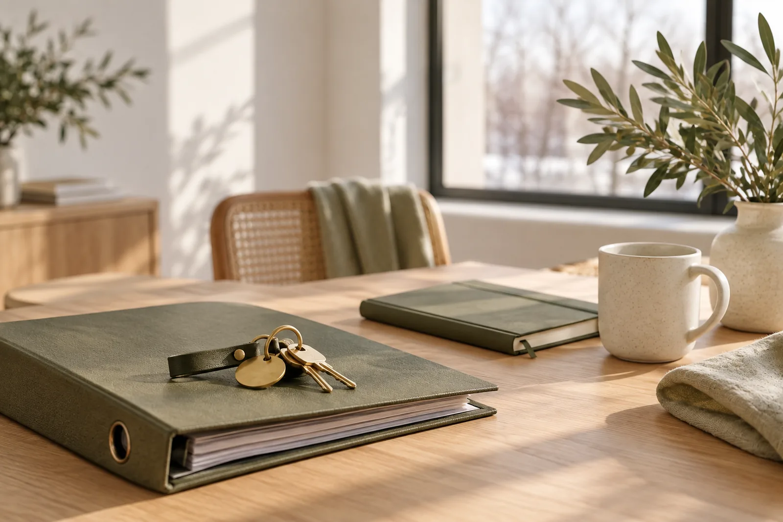 Bureau en chêne clair dans la lumière d'un matin d'hiver, avec un trousseau de clés posé sur un classeur vert olive fermé, un carnet, une tasse crème et une branche d'olivier devant la fenêtre