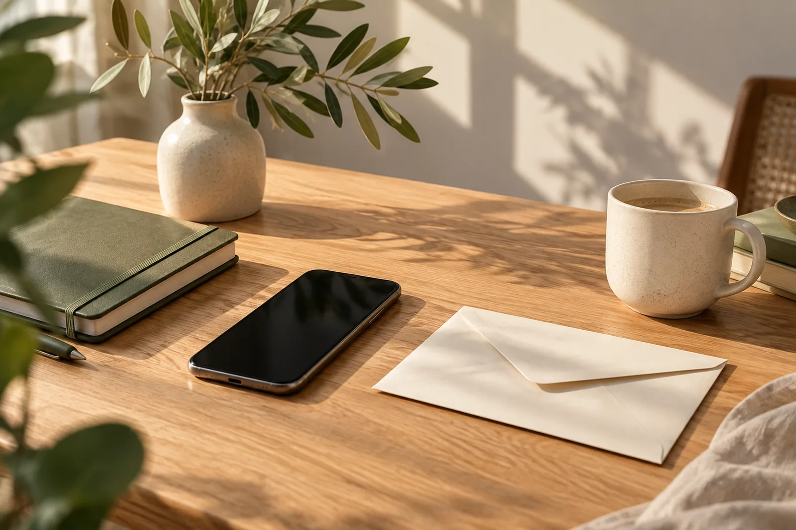 Bureau en chêne clair baigné de lumière de fin de matinée, avec un téléphone éteint posé près d'une enveloppe crème, un carnet vert olive et une branche d'olivier dans un vase