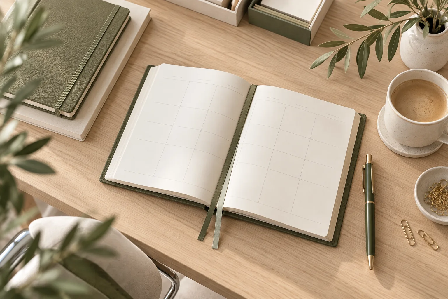 Agenda ouvert et tasse de café sur un bureau, pour préparer les premières semaines d'un salarié
