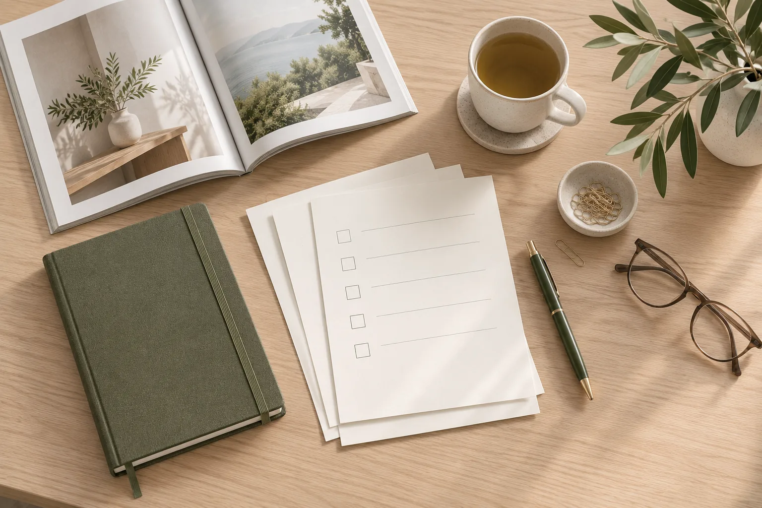 Bureau vu du dessus avec des fiches pratiques, un magazine ouvert et un carnet en lin vert olive