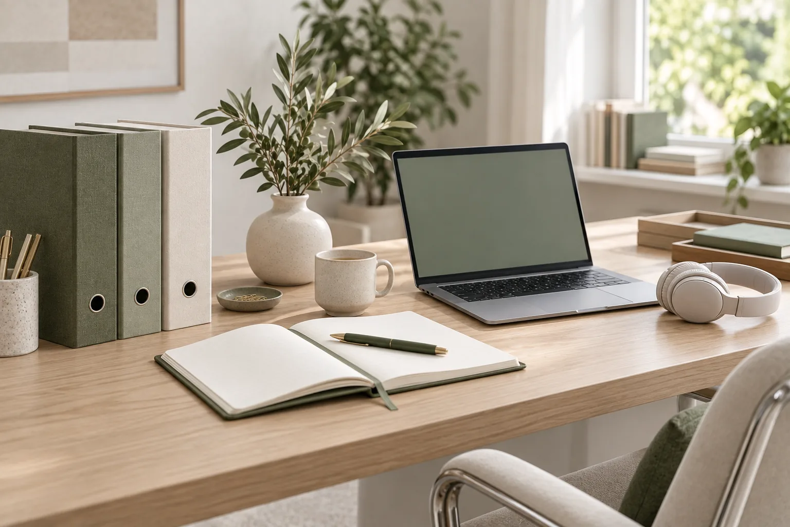 Bureau en chêne clair avec trois dossiers en lin olive, sauge et crème, un ordinateur portable et une branche d'olivier